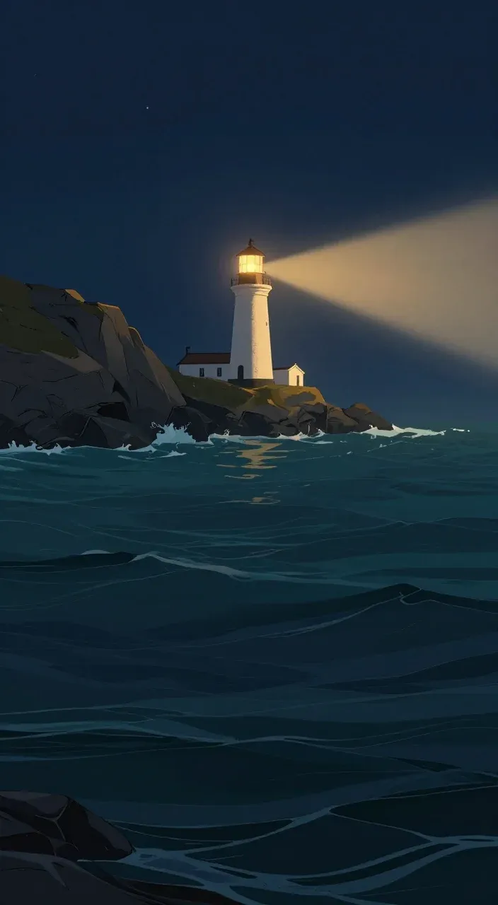 Illustrated lighthouse shining across a dark, rocky coastline