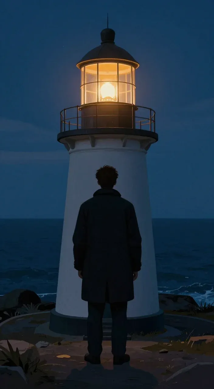 Illustrated keeper standing outdoors beside a lighthouse at dusk