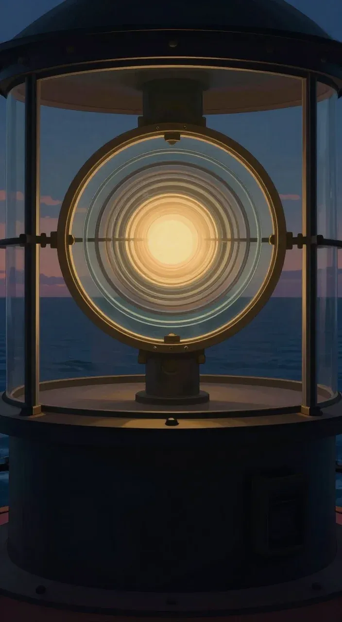 Illustrated concentric glass lighthouse lens glowing amber